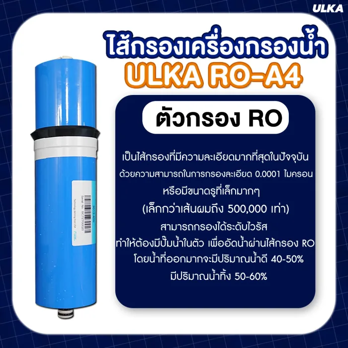 ไส้กรองเครื่องกรองน้ำ ULKA RO รุ่น A4 กรองน้ำดื่มสะอาด ปลอดภัย กำจัดคลอรีน สารพิษสิ่งปนเปื้อน สำหรับครอบครัว - Image 5