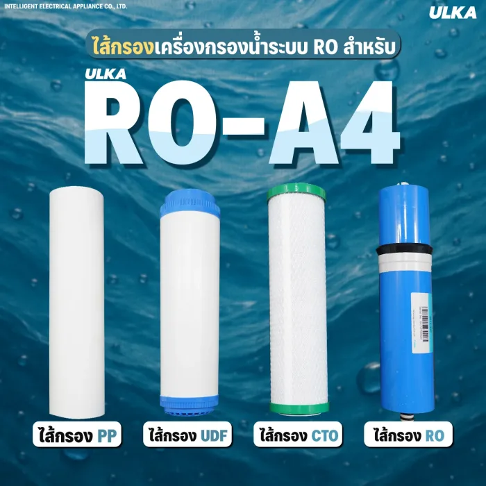 ไส้กรองเครื่องกรองน้ำ ULKA RO รุ่น A4 กรองน้ำดื่มสะอาด ปลอดภัย กำจัดคลอรีน สารพิษสิ่งปนเปื้อน สำหรับครอบครัว